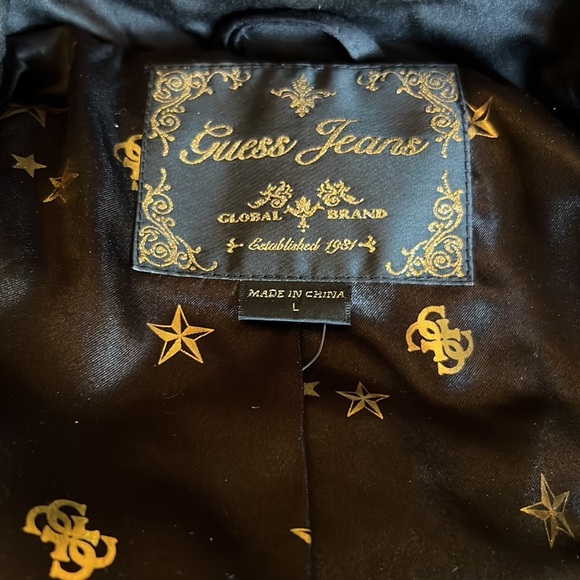 Guess Jeans women’s black satiny fur hooded belted hip length jacket szL - Picture 11 of 12